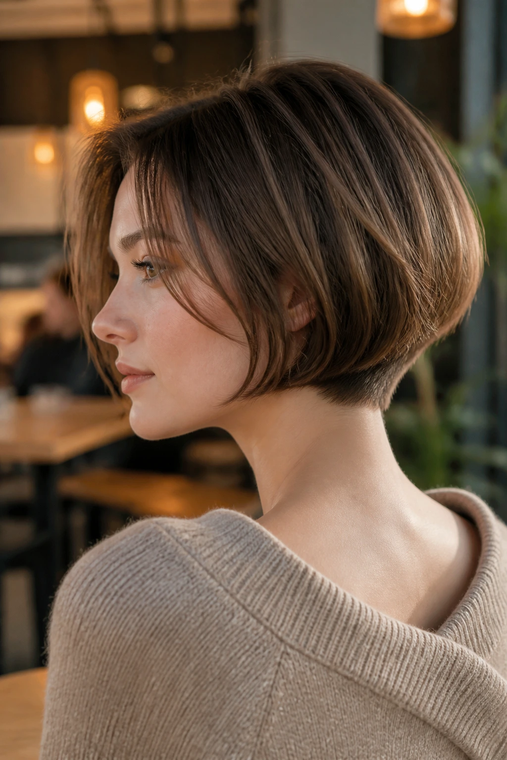Real woman with rounded bob and tucked nape in cafe light