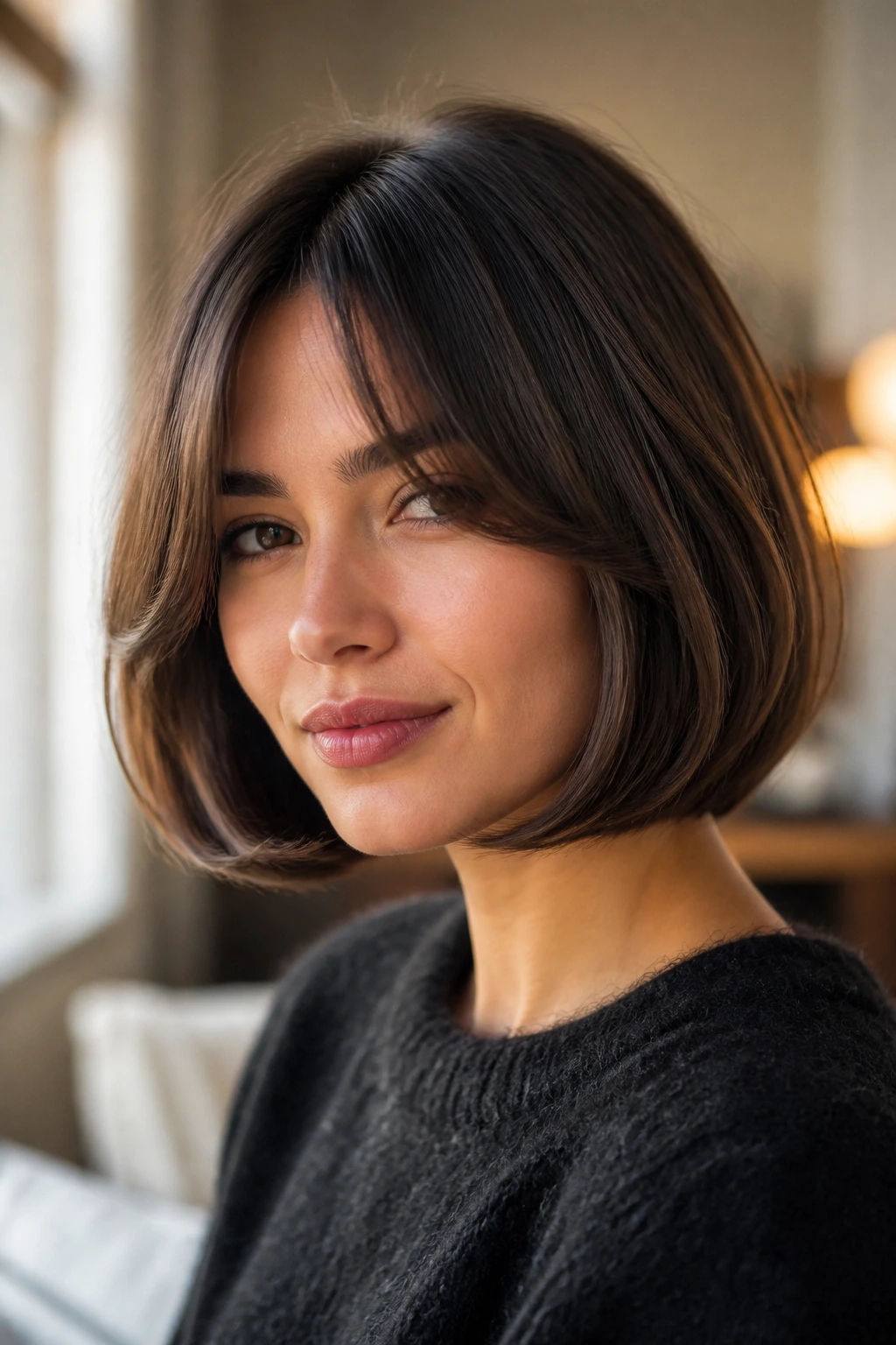 Close-up portrait of a real woman with a rounded bob tucked-under ends