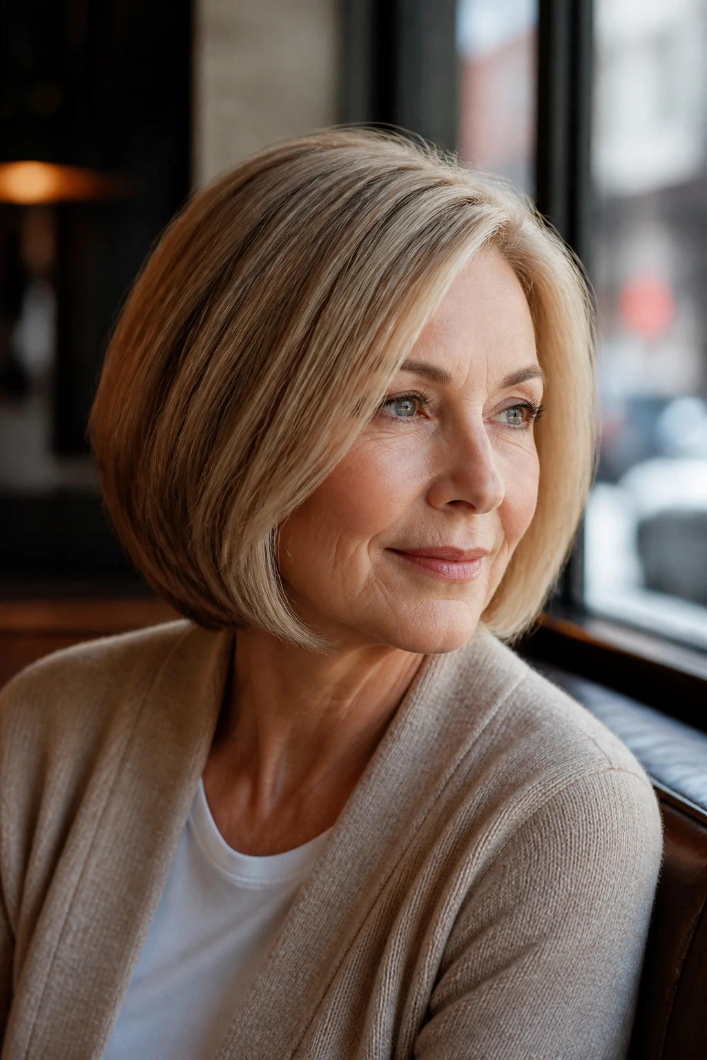 Close-up of a real woman with rounded bob and tucked-under ends.