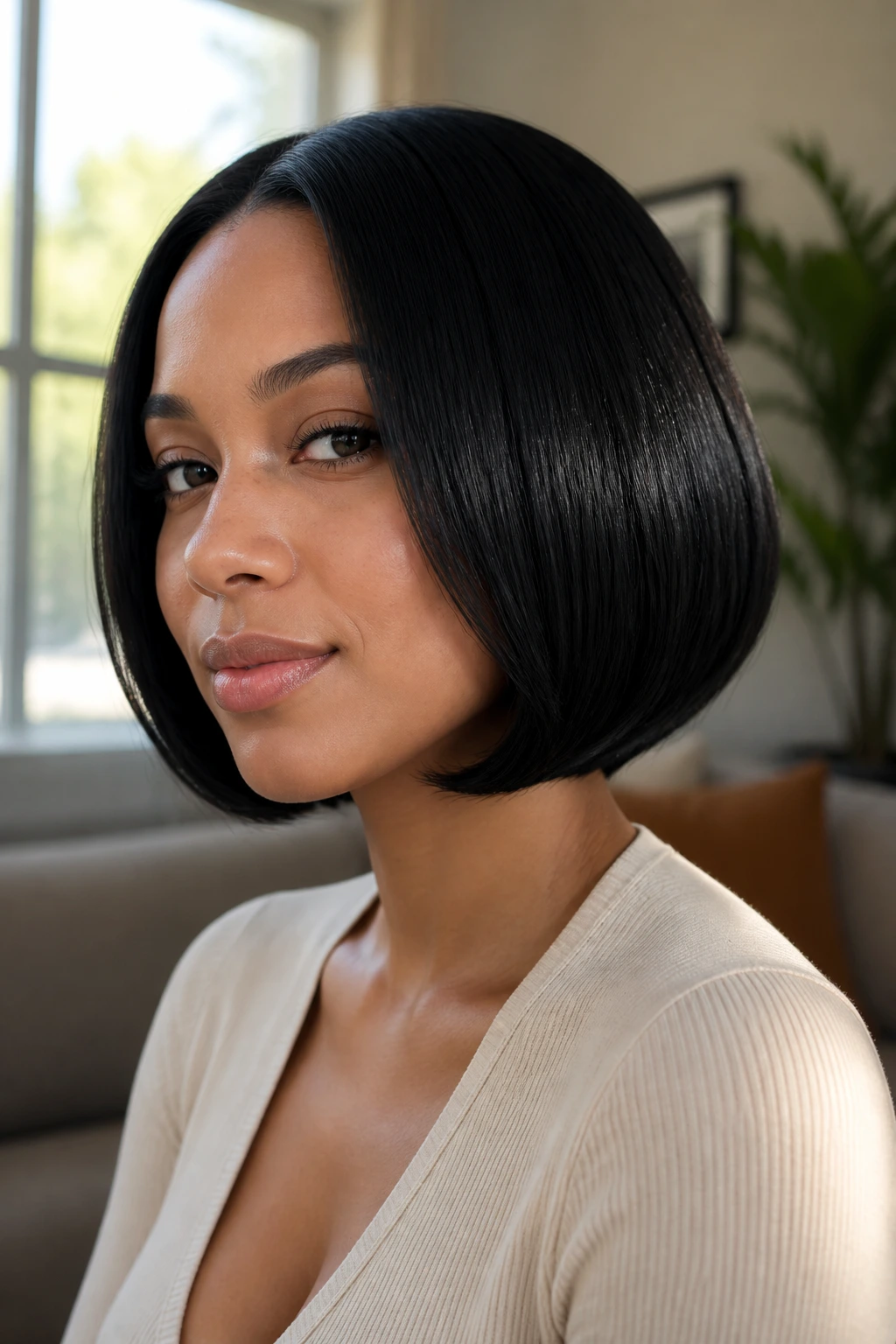 Close-up portrait of a real woman with rounded bob under-curve in daylight