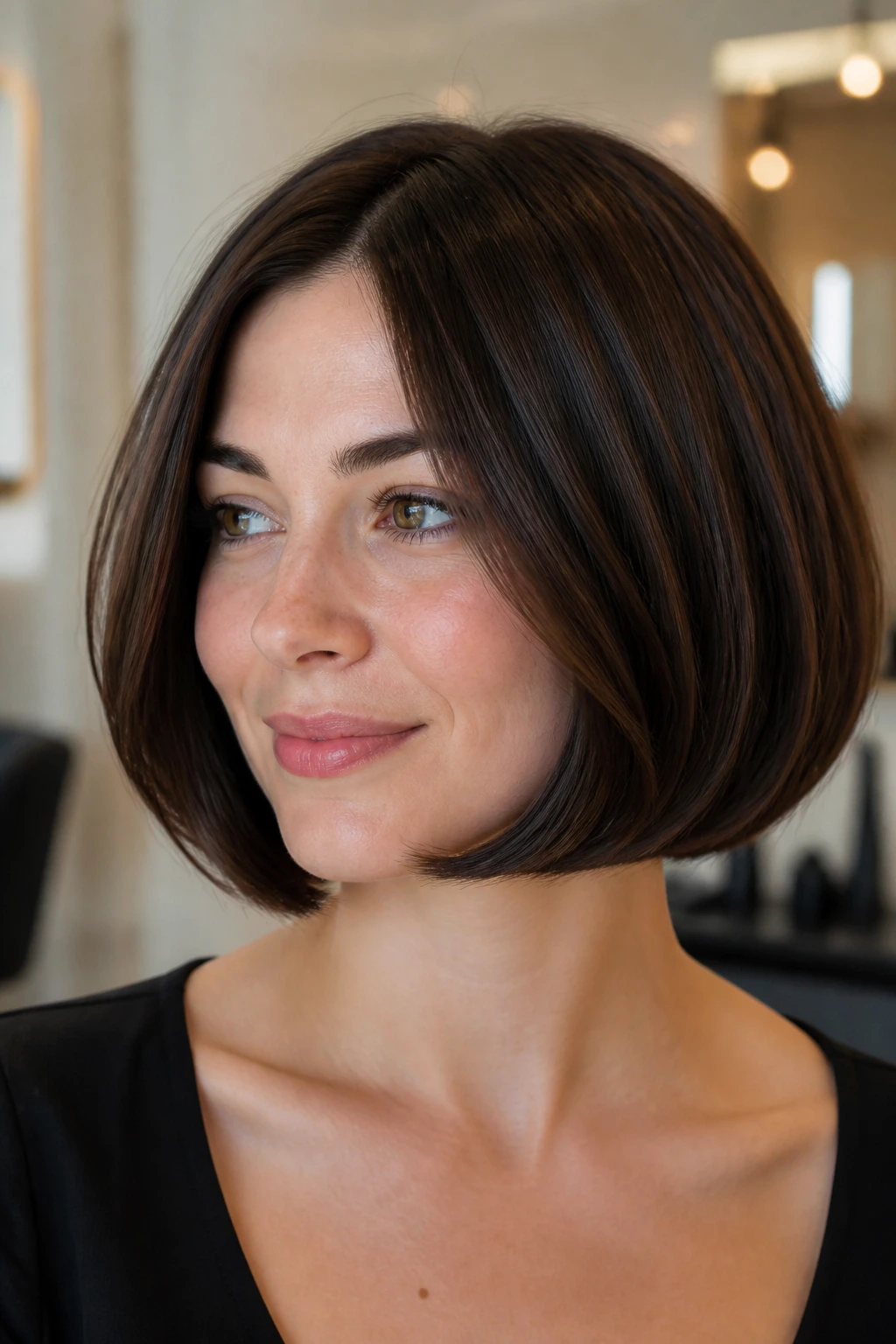 Close-up of a real woman with rounded bob and subtle underbevel