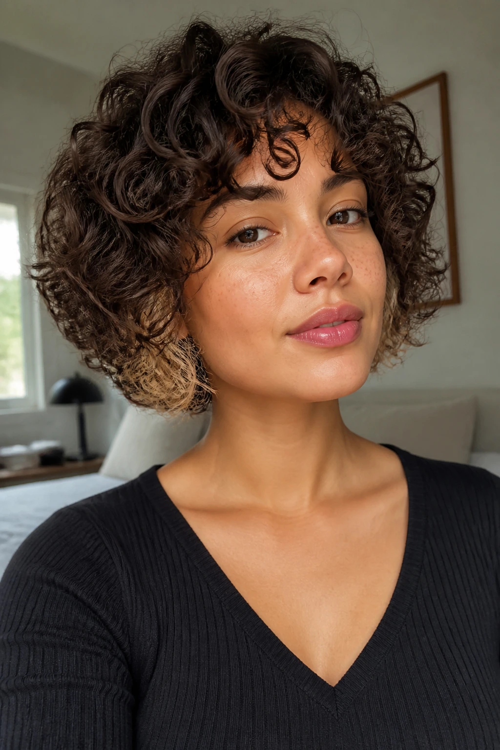 Close-up of a real woman with a rounded bob and light underlayer in daylight.