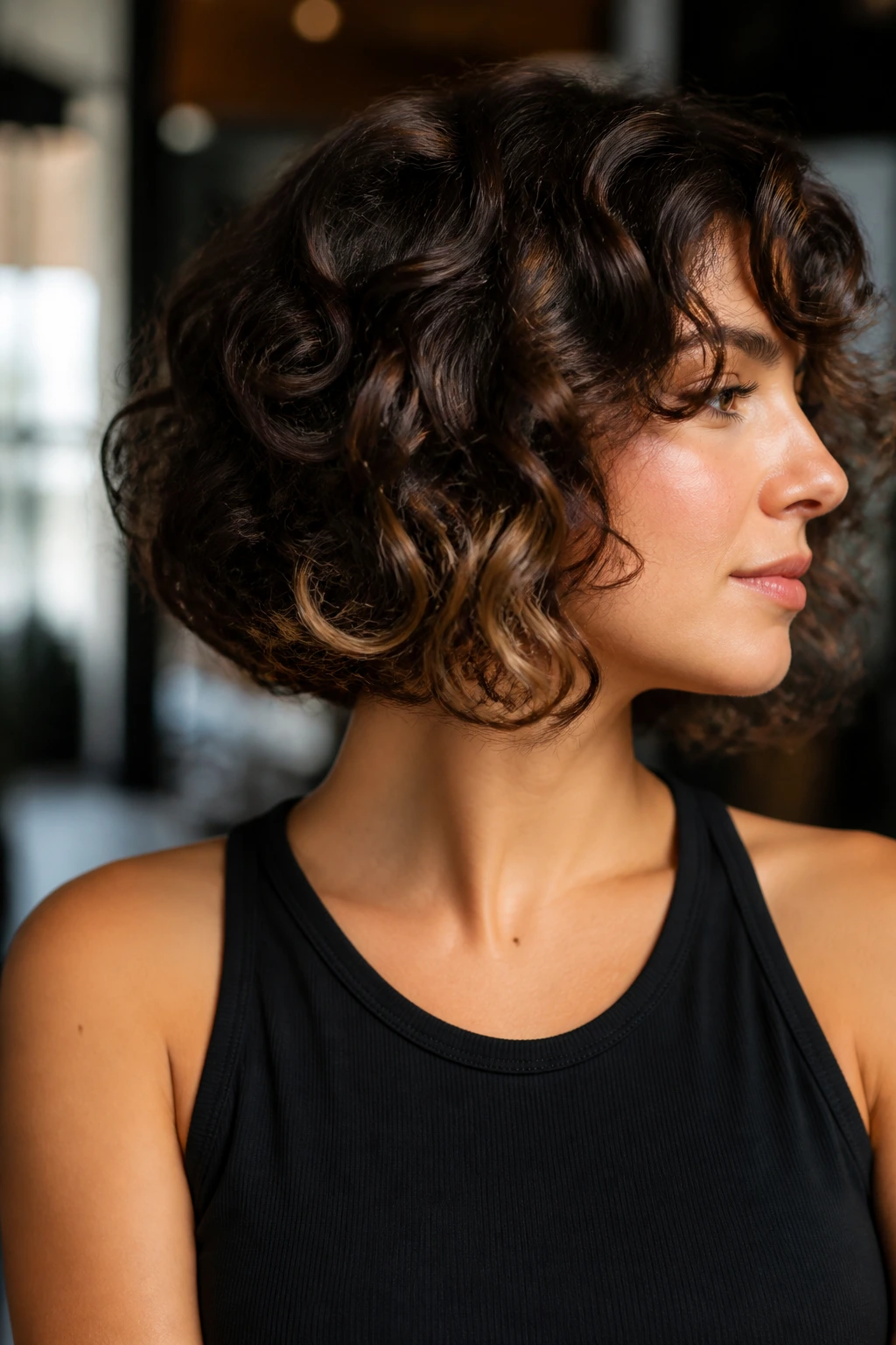 Close-up of brunette rounded bob with hidden underlights visible as curls move