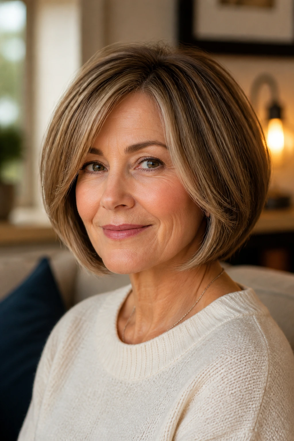 Close-up of real woman with rounded bob and understated face framing