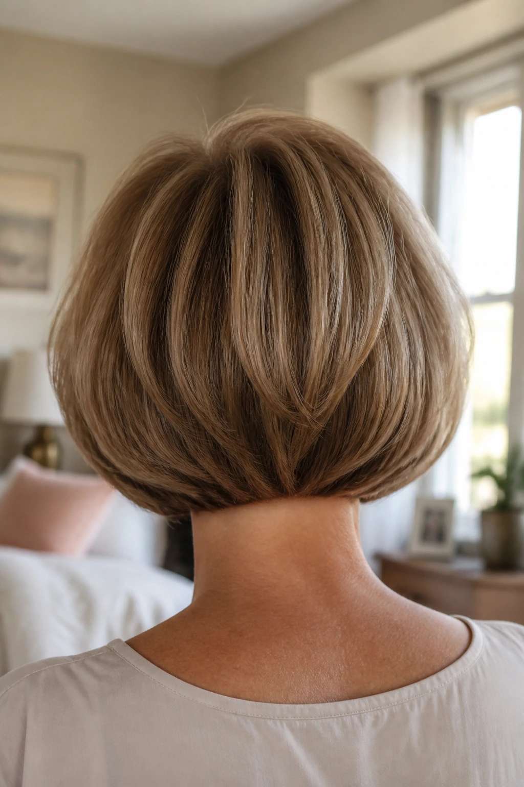 Back view of a real woman with rounded bob and vintage volume under warm bedroom light