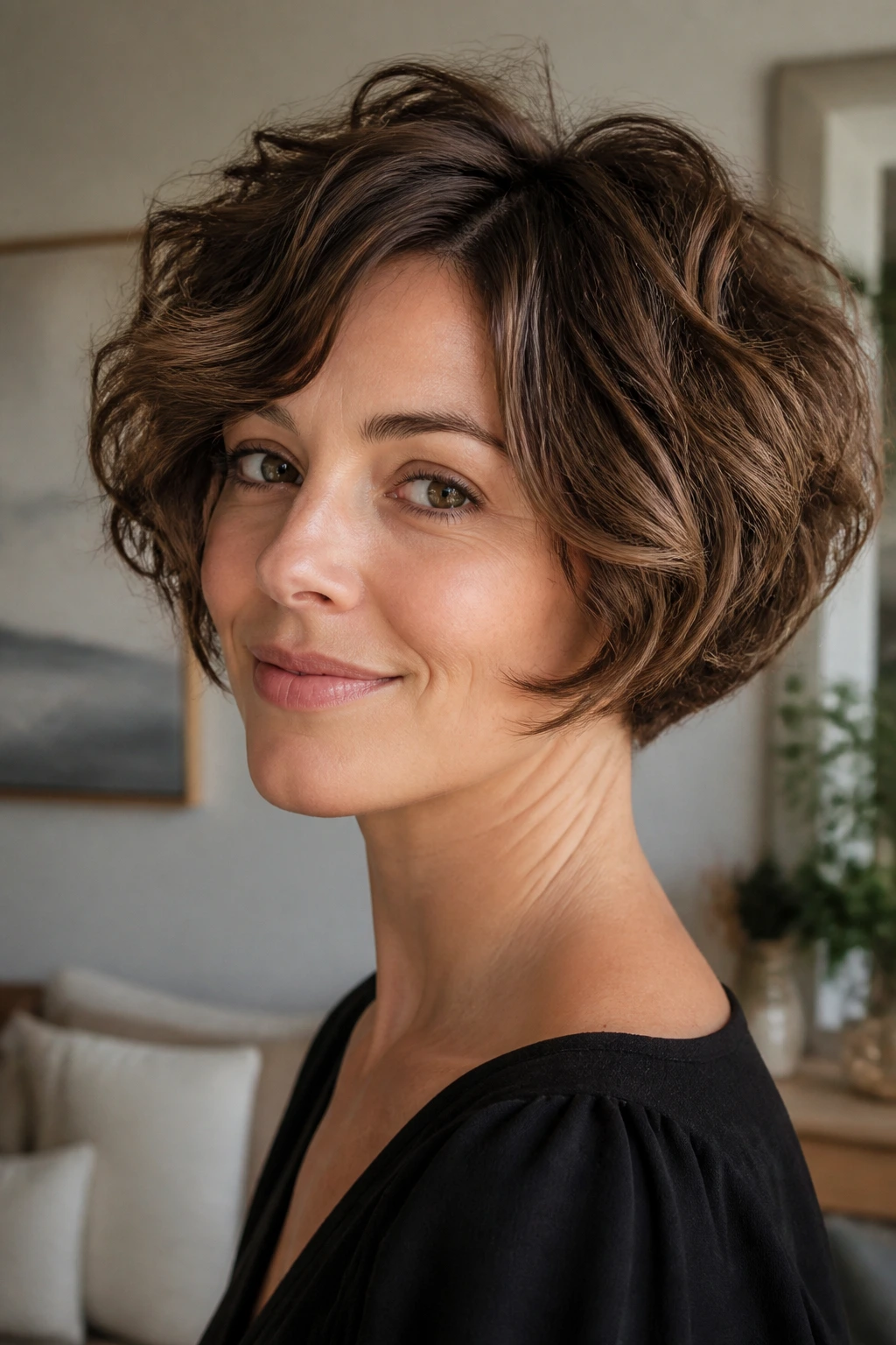 Close-up of a woman with rounded wavy bob illustrating jaw and neck framing.
