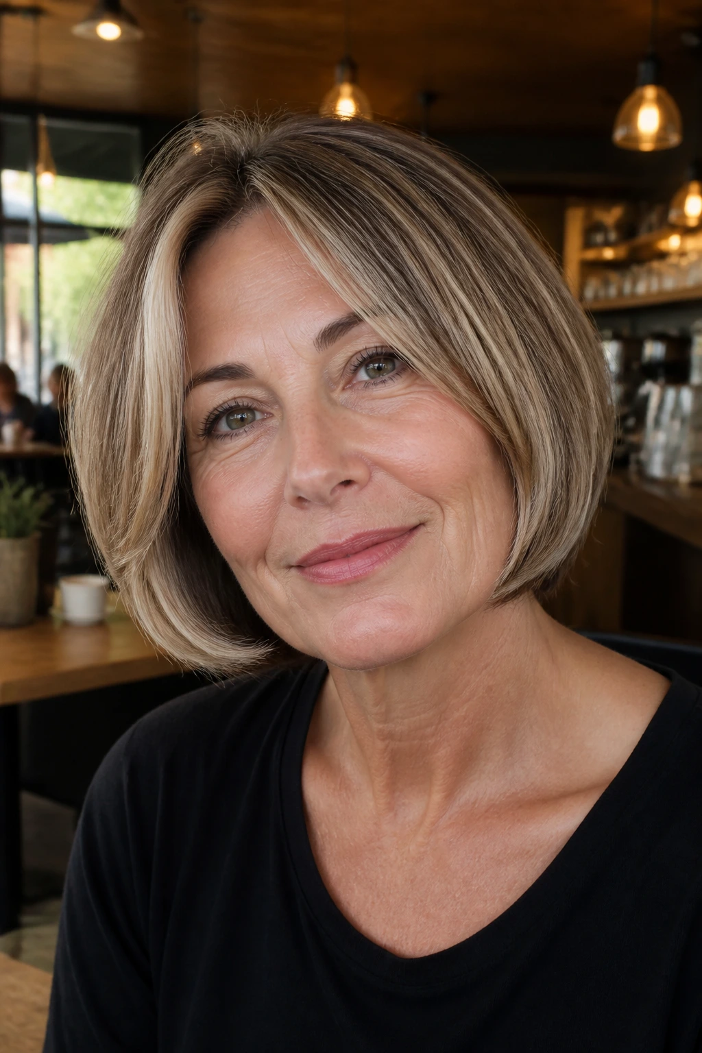 Close-up of a woman with a rounded bob and wheat-highlighted face framing in warm light.