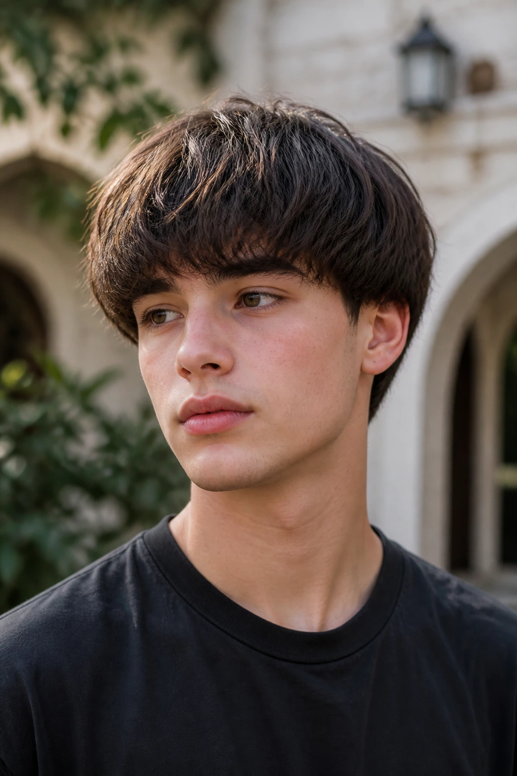 Close-up of a boy with a rounded bowl cut and textured ends in natural daylight.