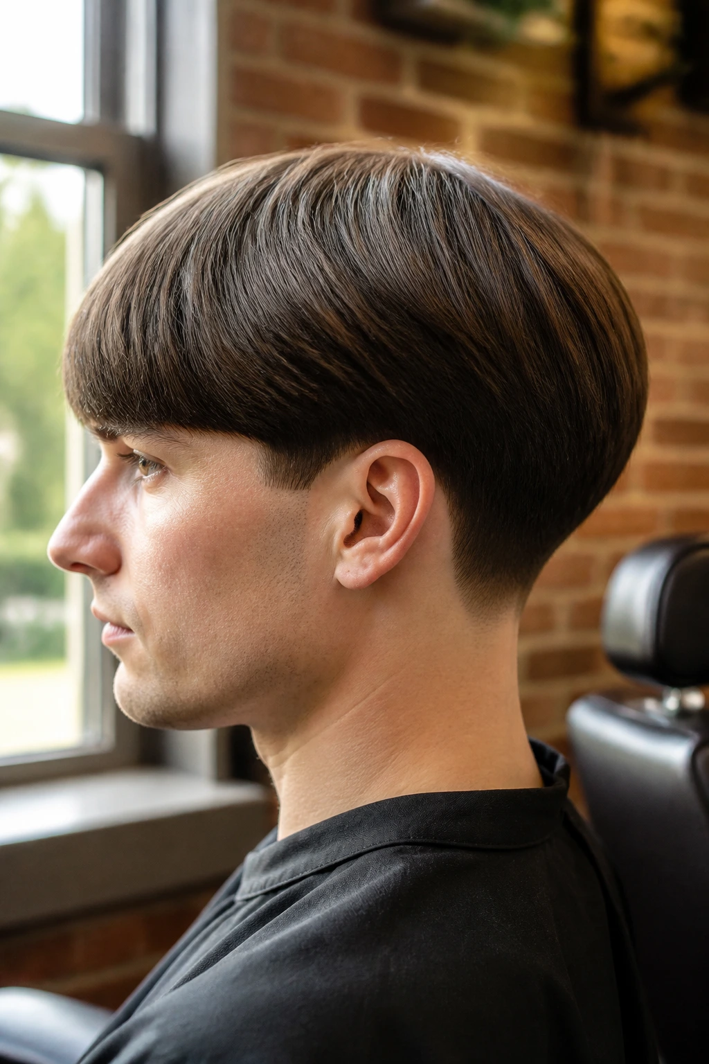 Profile close-up of a real person with rounded bowl pageboy and tapered nape