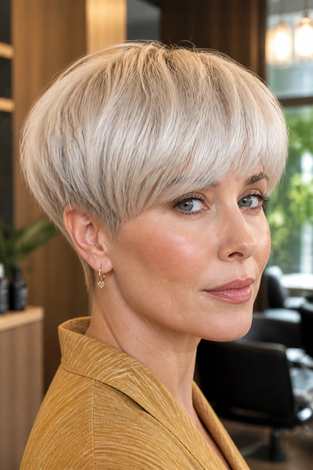 Portrait of a real woman with rounded bowl pixie in platinum blonde, salon setting