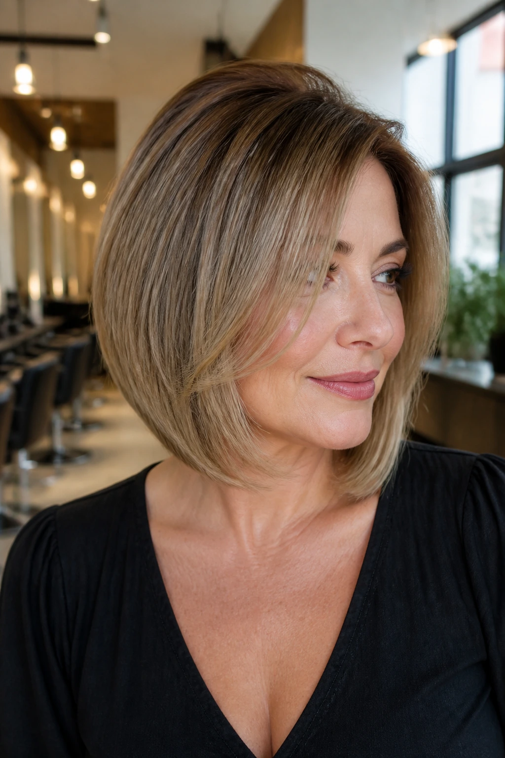 Close-up portrait of a real woman with a rounded-brush volumized A-Line Bob in warm salon light.