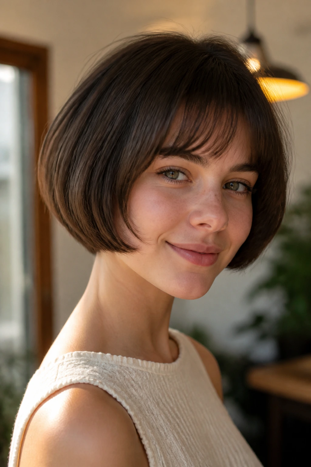 Portrait of a girl with a rounded bubble bob in a warm interior.