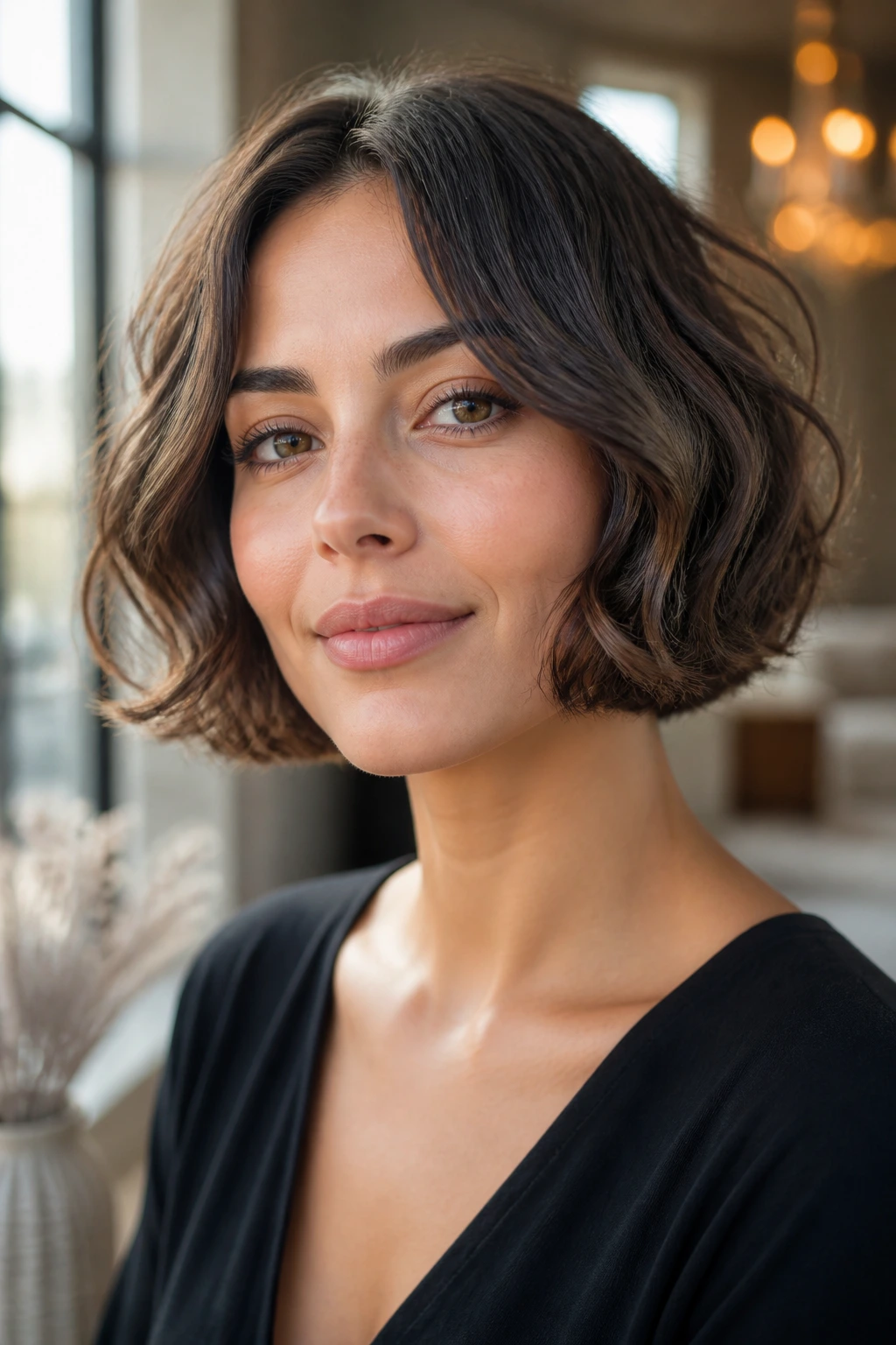 Close-up of a real woman with a rounded bubble bob