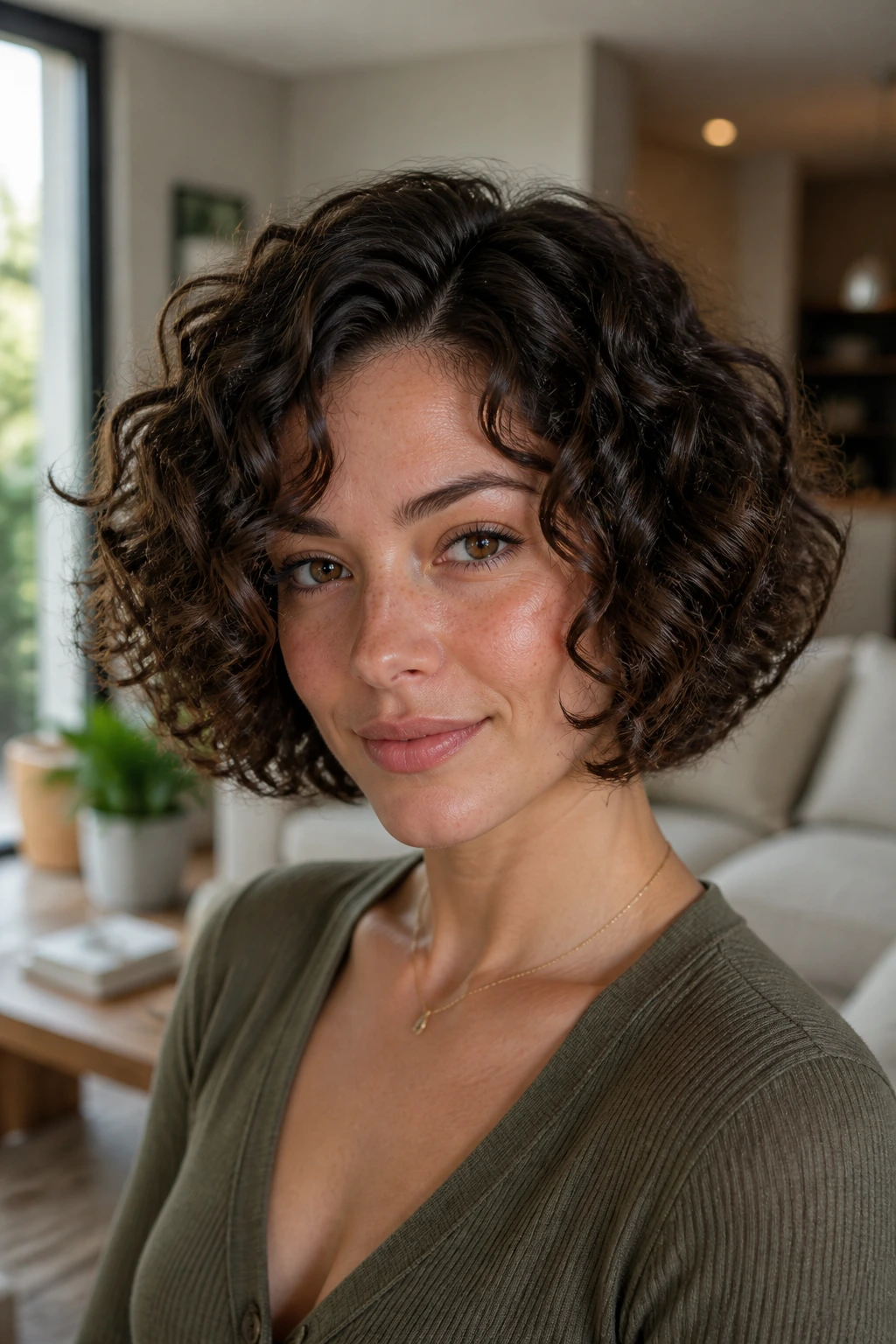 Real woman with rounded bubble curly bob in natural light