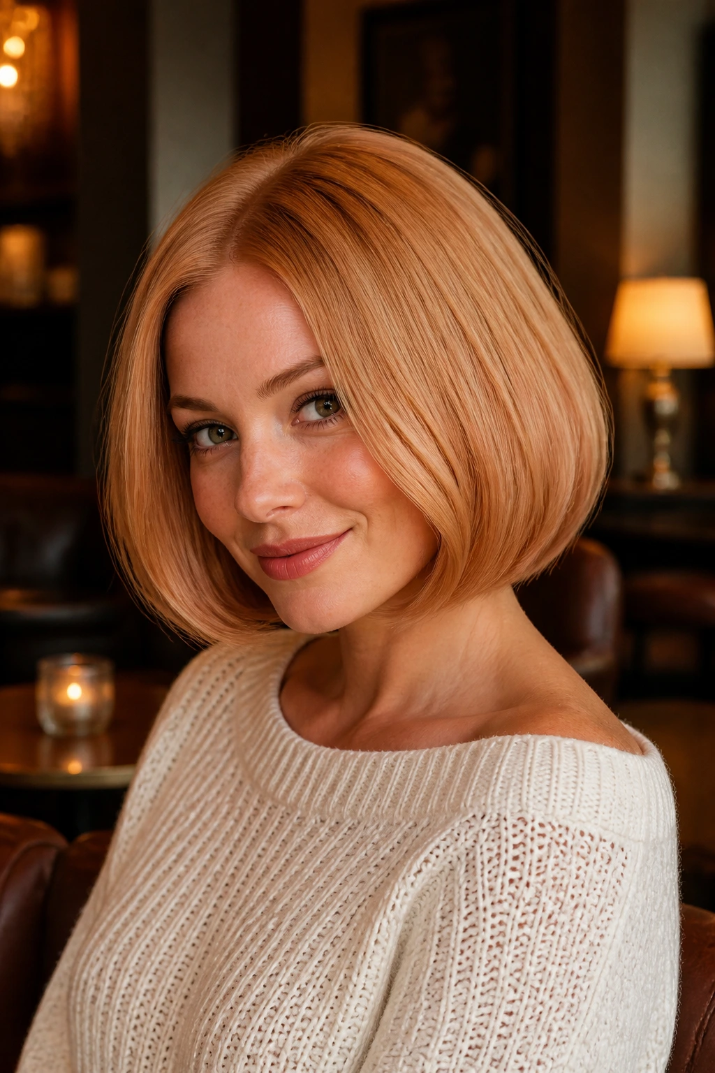 Close-up portrait of a real person with a rounded bubble bob and inward curve in warm room light.