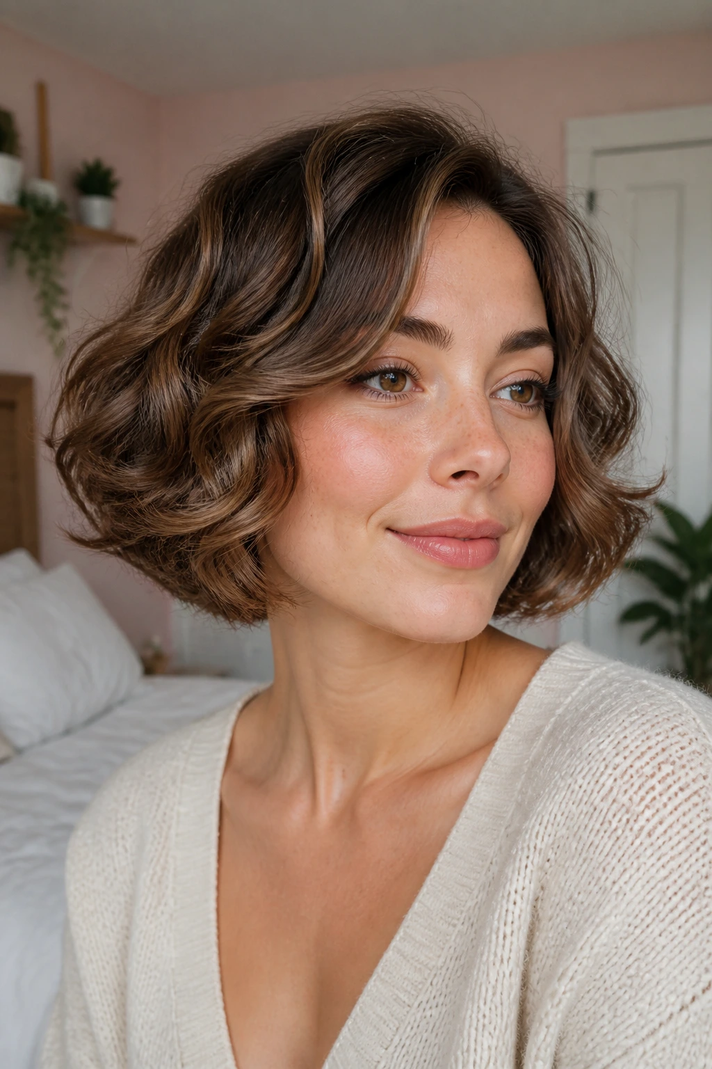 Portrait of a real woman with rounded bubble bob hugging the jaw