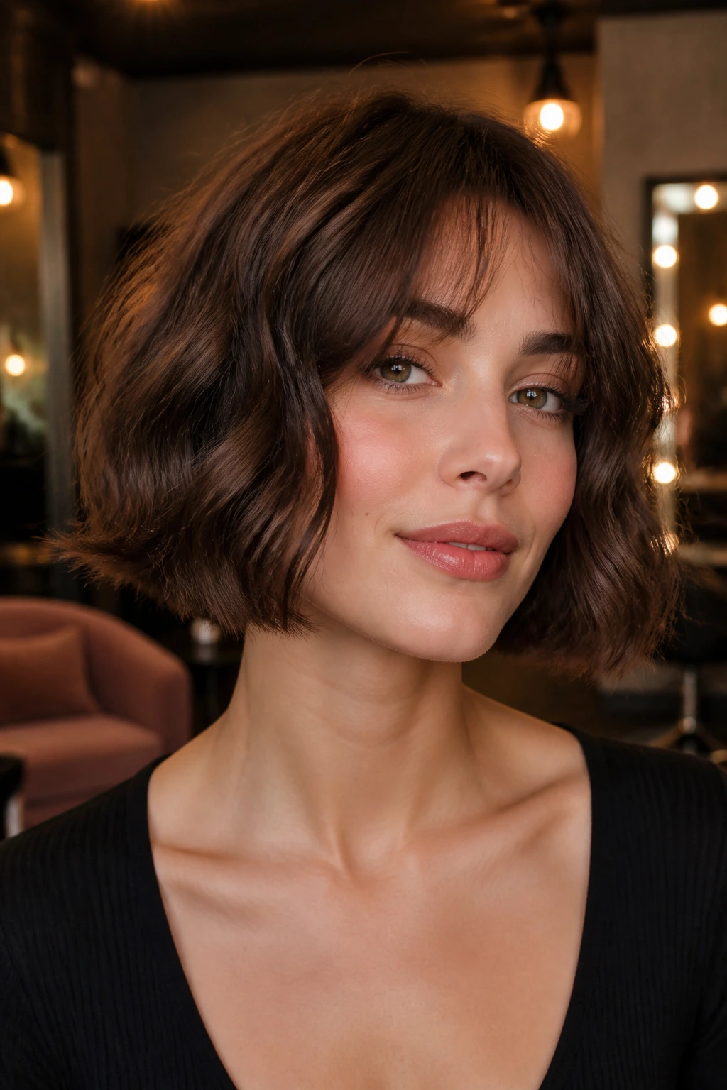 Close-up portrait of a real woman with rounded bubble bob and low fullness