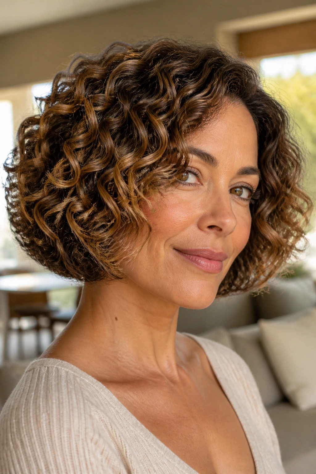 Real woman with rounded bubble bob, high shine and tucked-in edge.