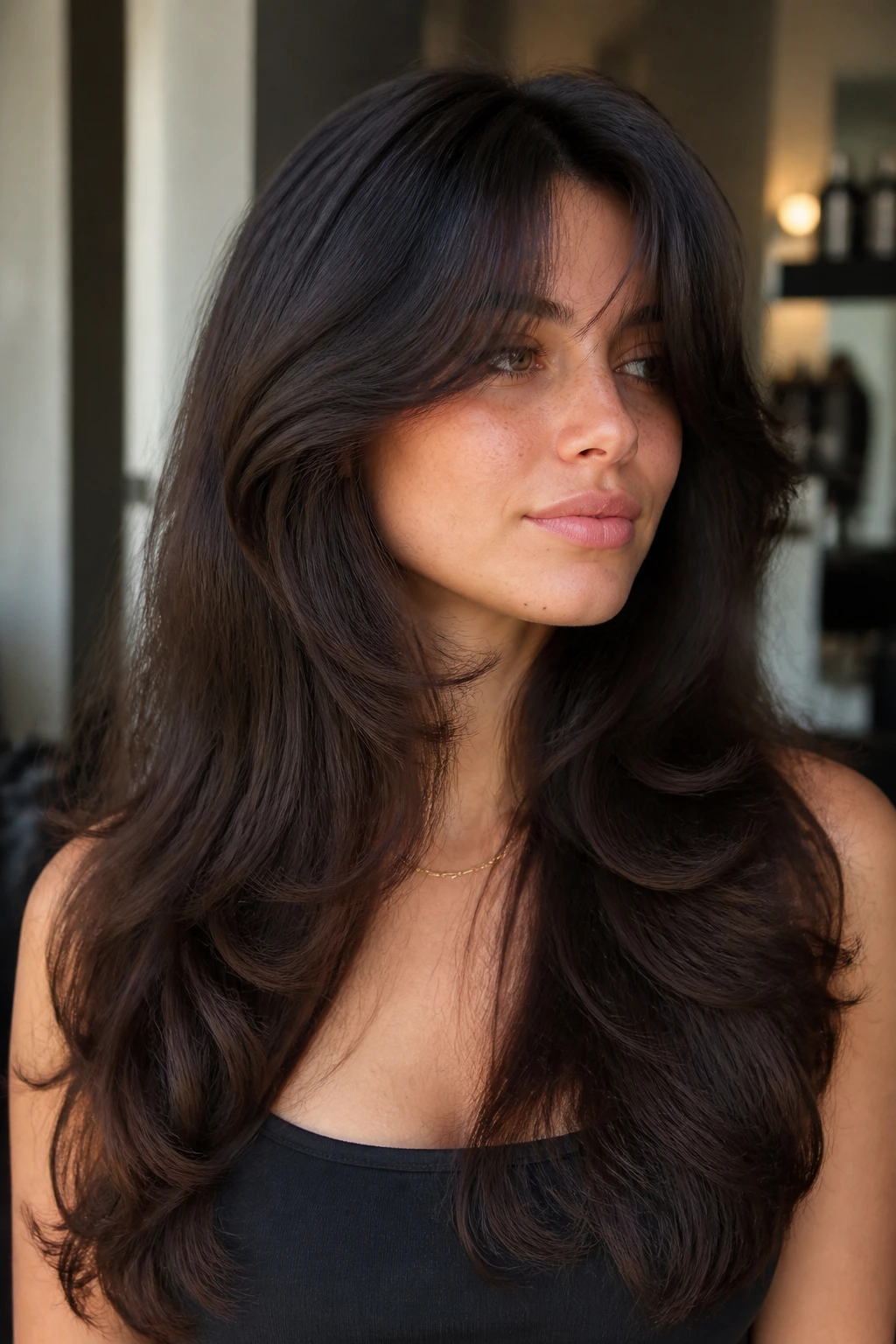 Close-up portrait of a real woman with rounded butterfly cut and long bangs