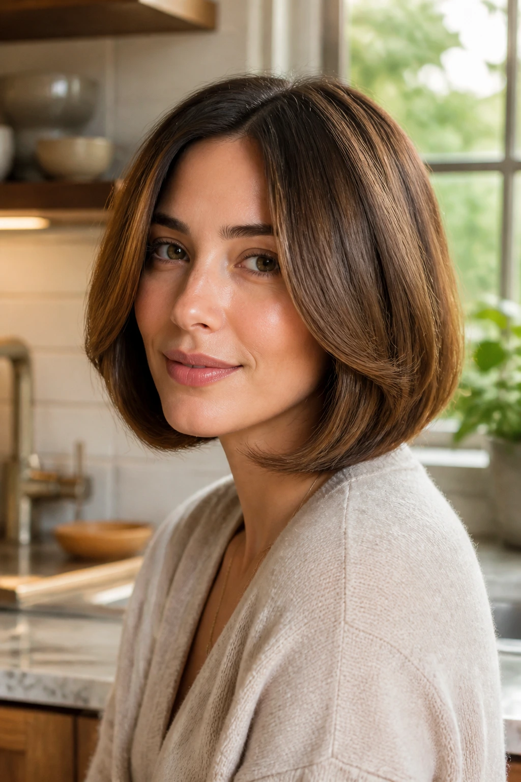 Woman with rounded C-curly bob hugging cheeks in warm kitchen light