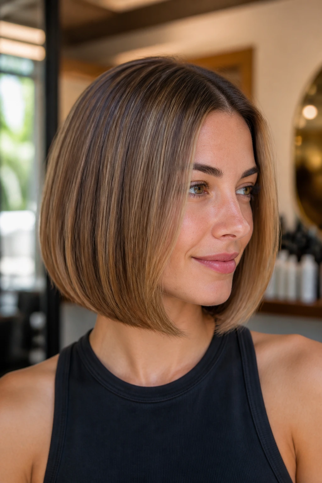 Close-up portrait of a real woman with a rounded C-Curve Bob and biscotti babylights in warm light