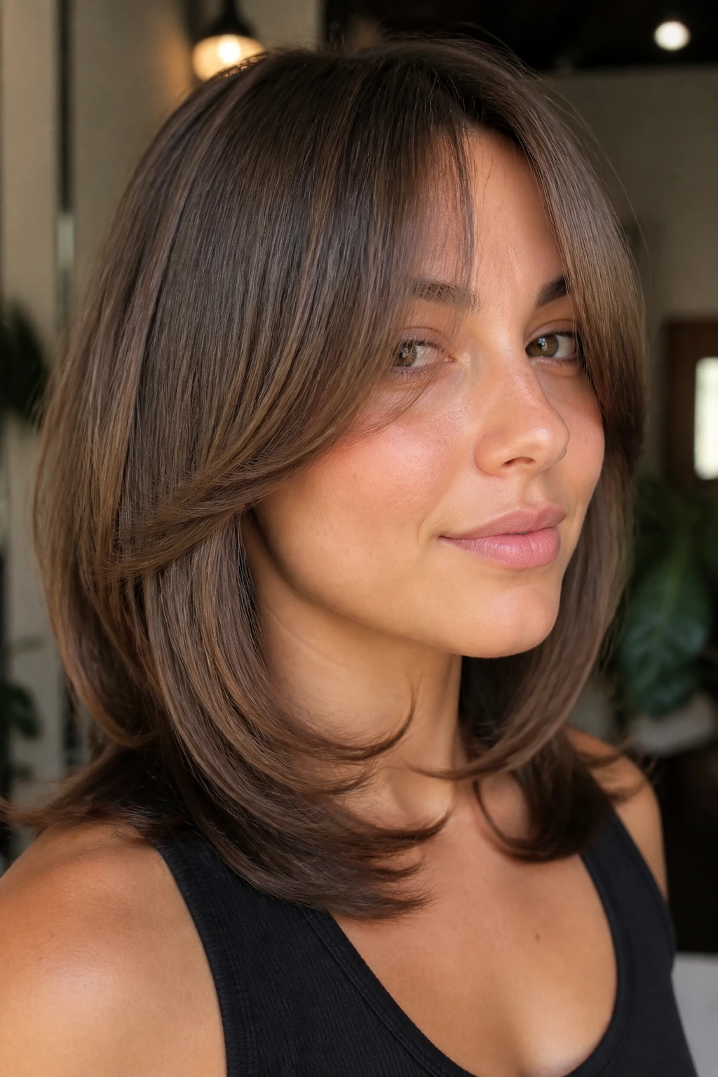 Portrait of a woman with rounded C-cut hairstyle and soft arc around cheekbone
