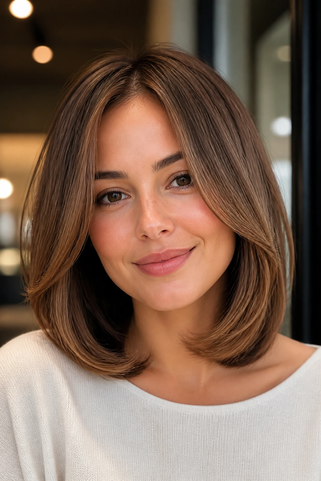 Close-up of a real woman with rounded C-cut layers tucked under and soft jawline framing