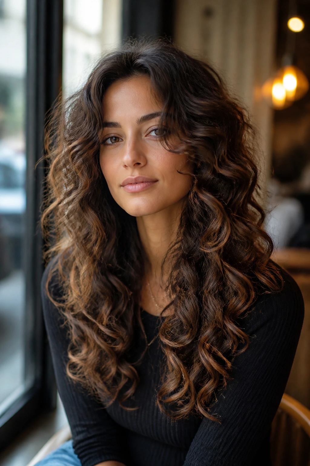 Close-up portrait of a woman with rounded cascade layers.