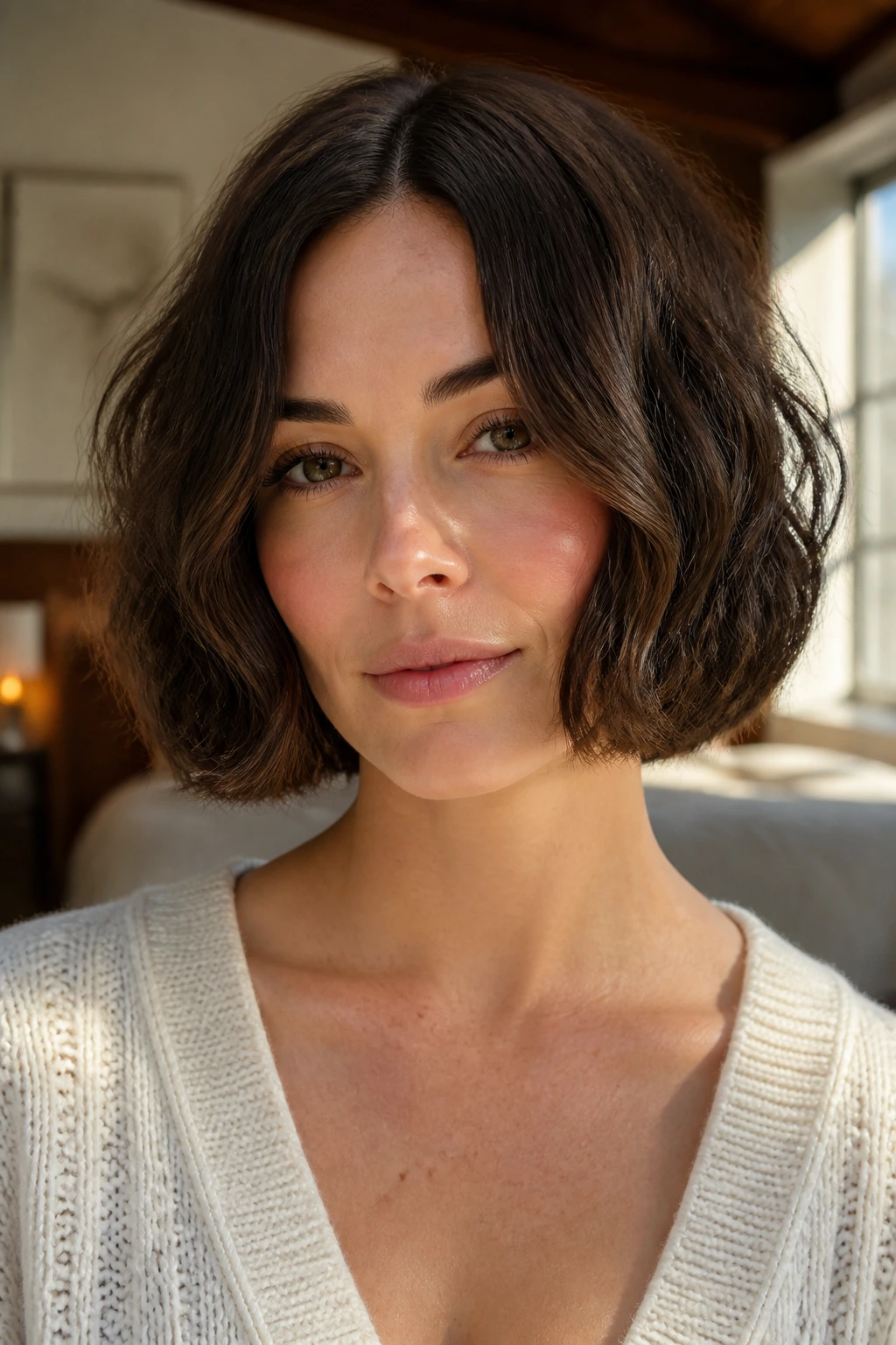 Close-up of a real woman with a rounded center bob on wavy hair in a warm window-lit bedroom
