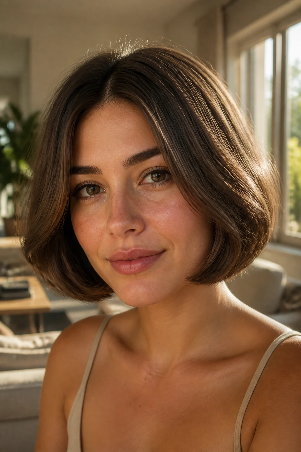 Portrait of a real woman with rounded center-part bob