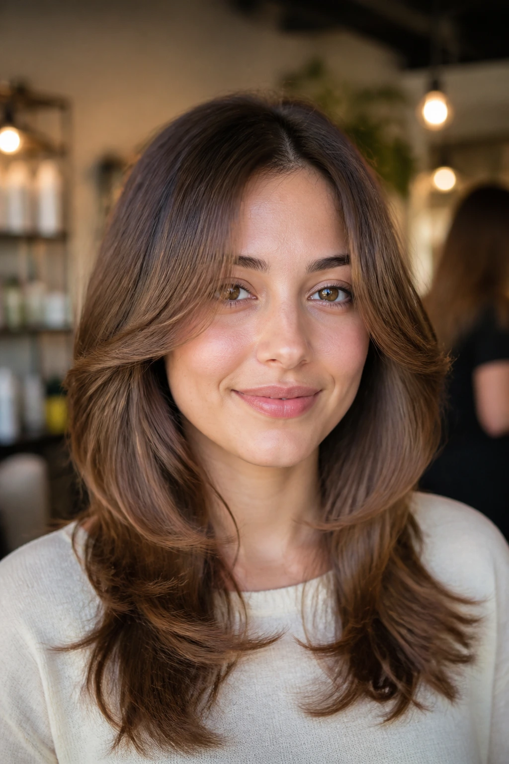 Close-up portrait of a real woman with rounded cheekbone butterfly hairstyle.