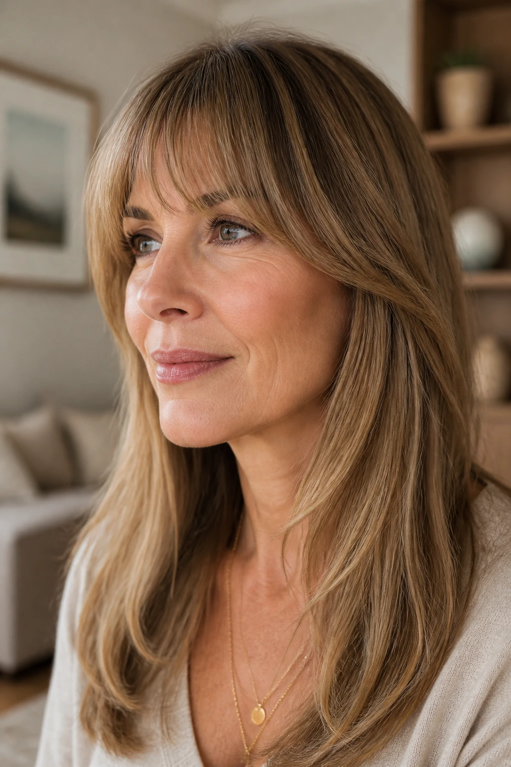 Real woman with rounded cheekbone sweep fringe under warm ambient light