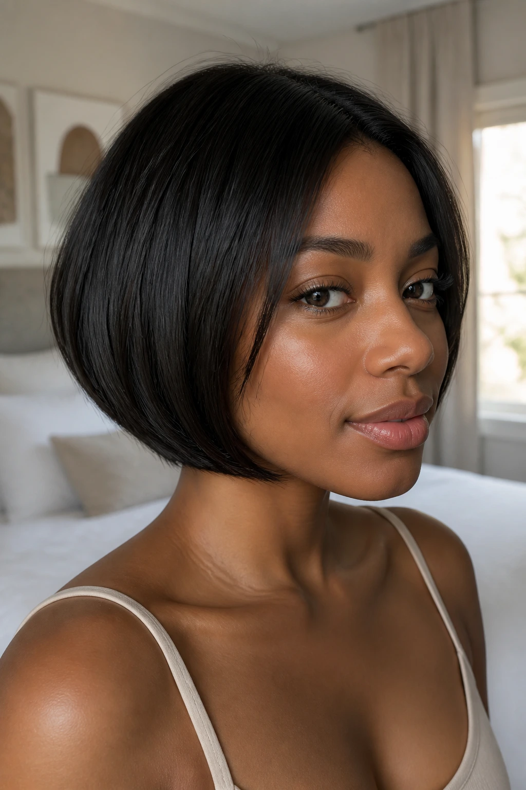Real woman with rounded chin bob, soft arc around chin.