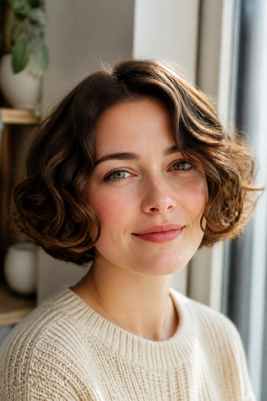 Real woman with rounded chin-length bob in natural daylight