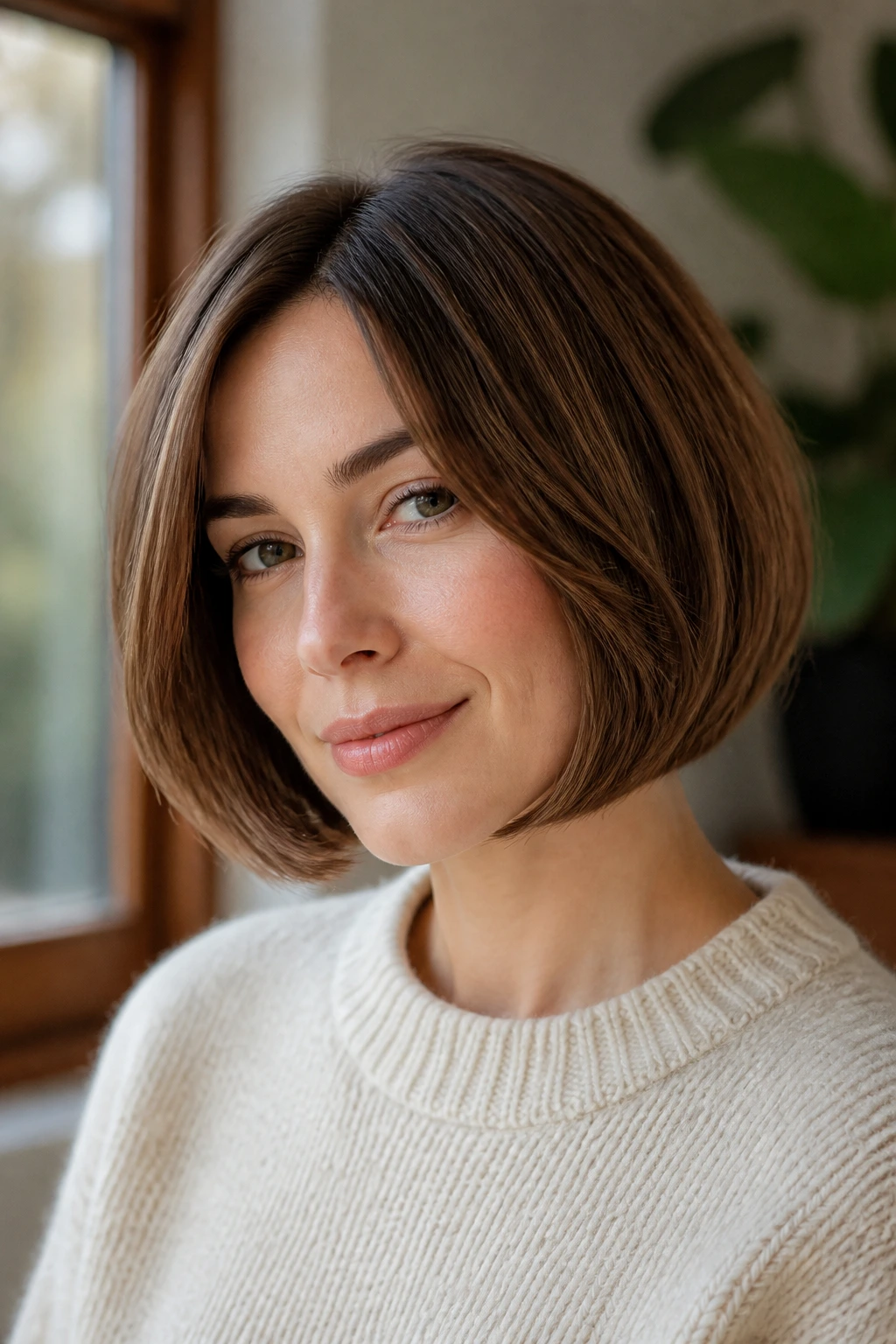 Close-up portrait of a woman with rounded chin-length bob