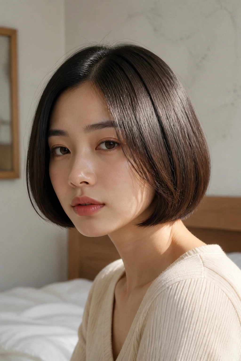 Close-up portrait of a real woman with Rounded Chin-Length Bob in a cozy bedroom