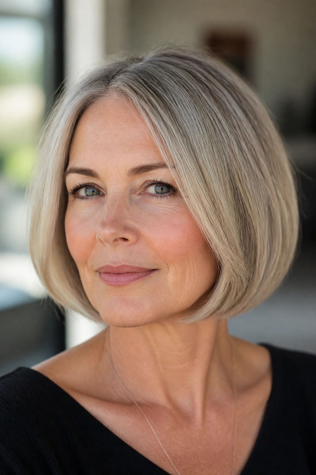 Real woman with rounded chin-length bob showing inward curved ends