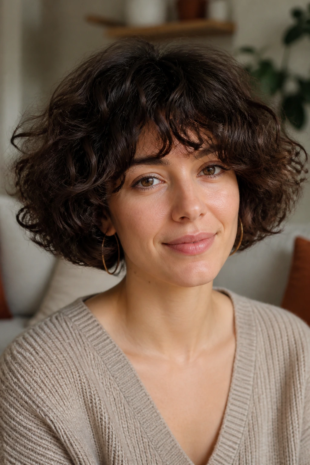 Portrait of woman with rounded cloud bob and soft volume.