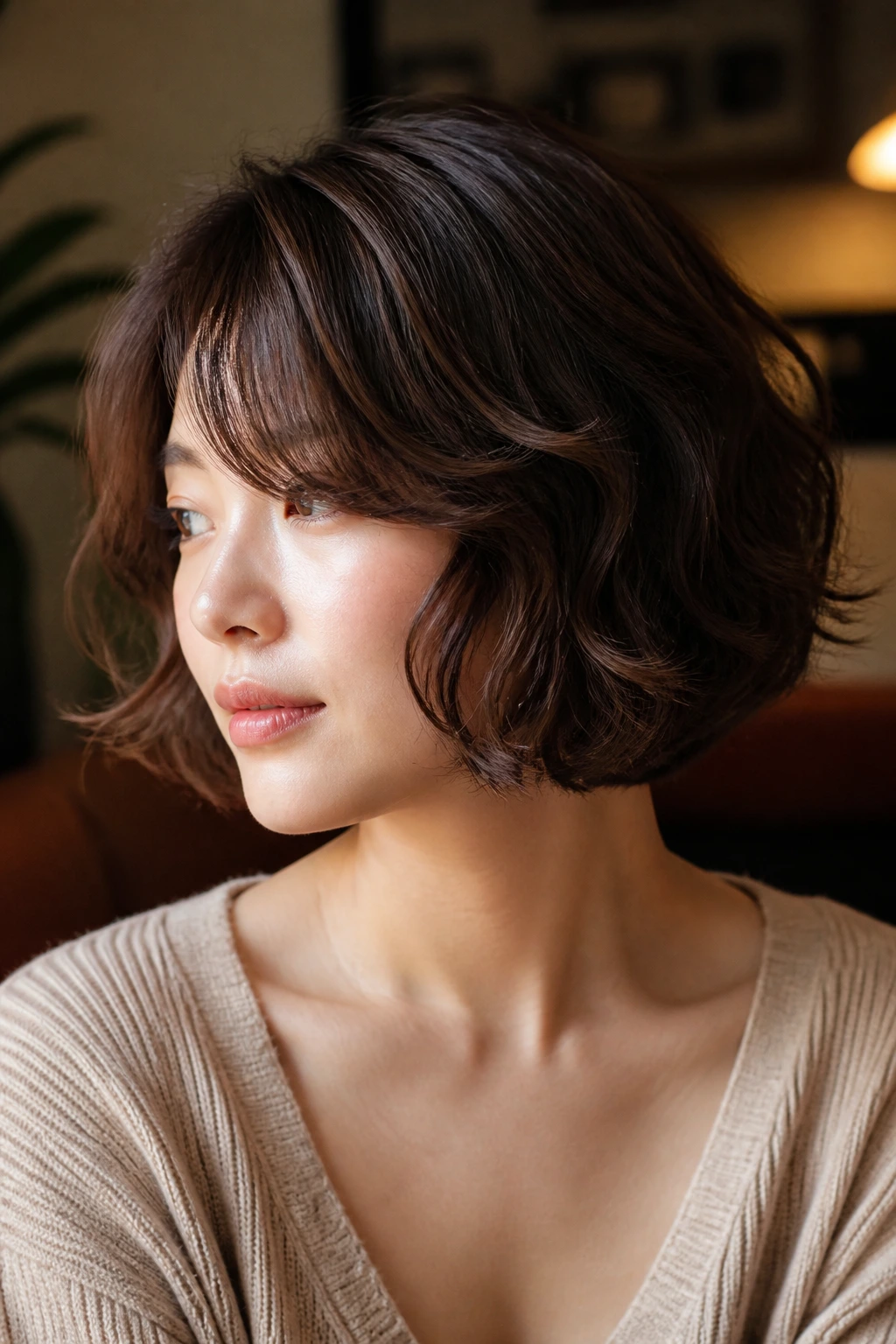 Real woman with rounded cloud bob and soft bangs.