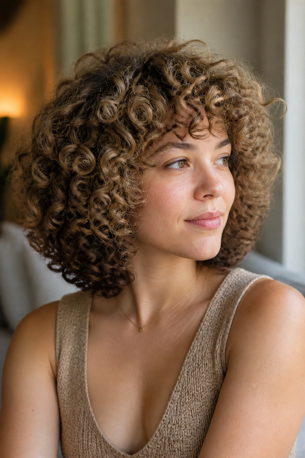 Close-up of a real woman with a rounded cloud curly haircut and underlayer lowlights, soft natural light