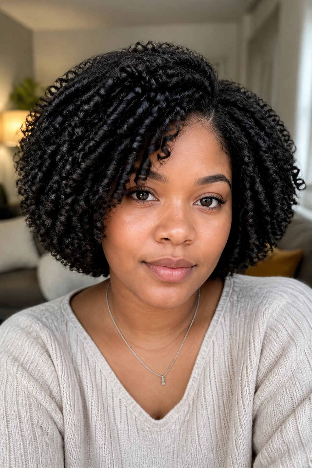 Real person with rounded coil bob showing internal layers and halo of curls