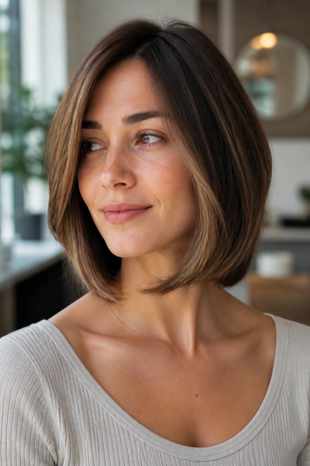 Close-up of a real person with a rounded collarbone-grazing bob in soft light