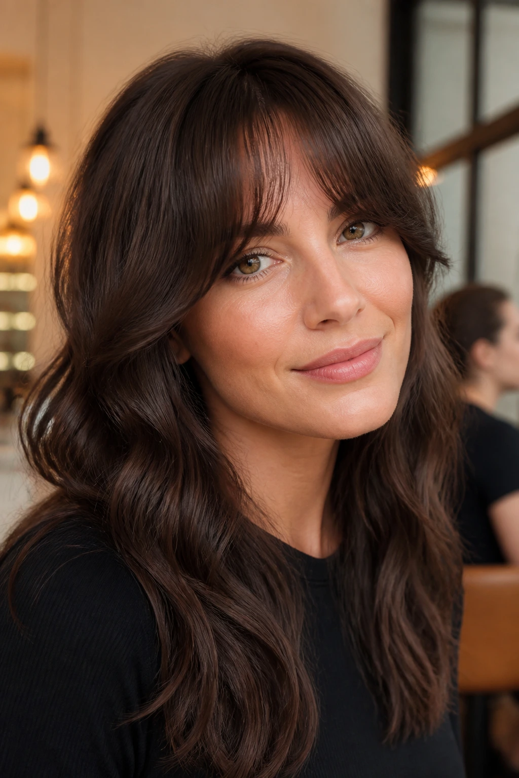 Close-up of a real woman with rounded corner bangs in a softly lit indoor setting.