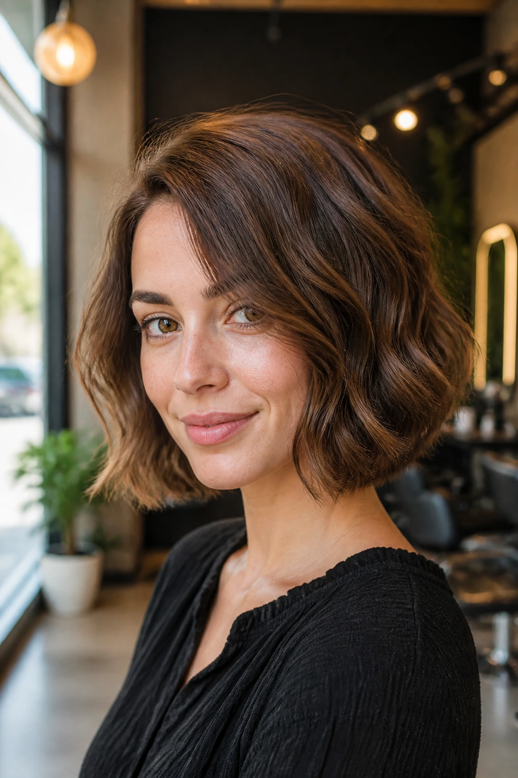 Close-up portrait of a real woman with rounded corner bob in a salon