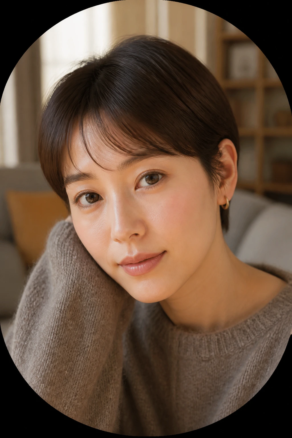 Close-up portrait of a real woman with rounded crop and light baby side bangs