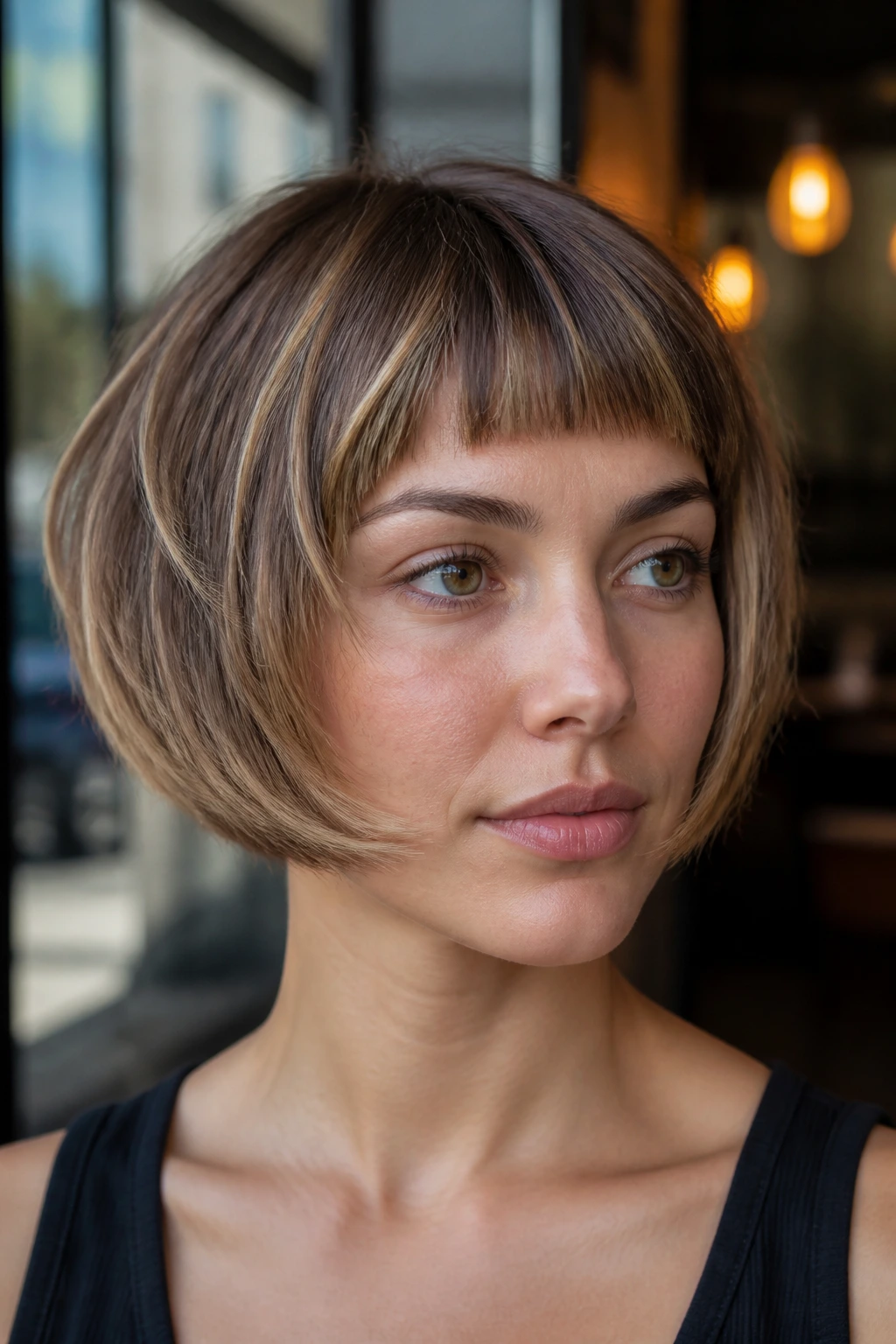 Close-up of a real woman with rounded crop bob and micro fringe in natural daylight