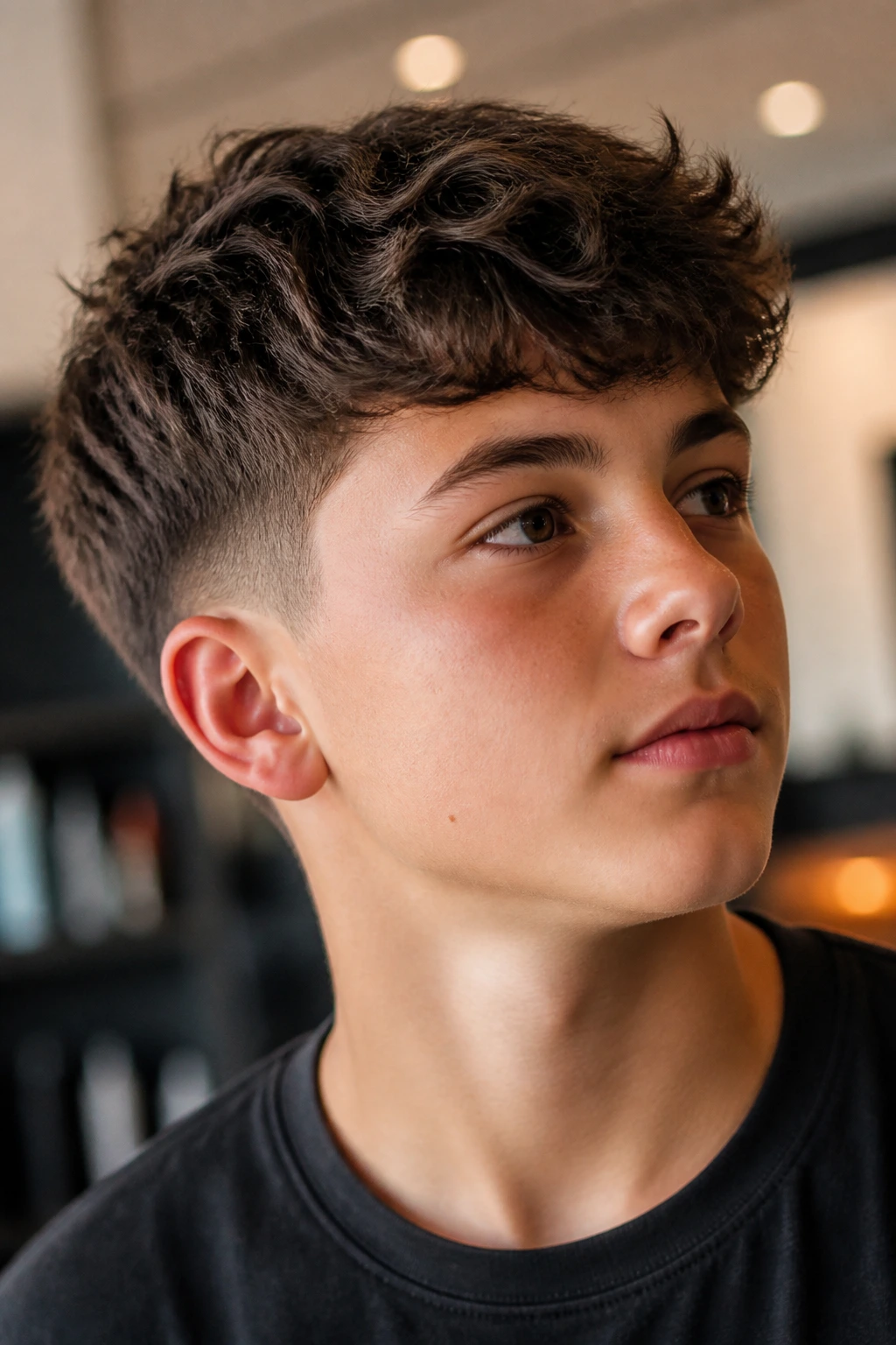 Close-up of a real boy with rounded crop crown lift hairstyle in warm indoor light