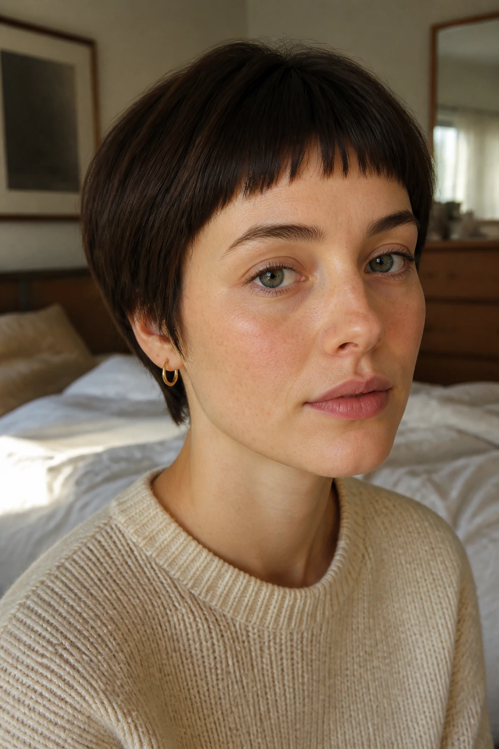 Close-up of a woman with rounded crop and mini fringe in warm bedroom light