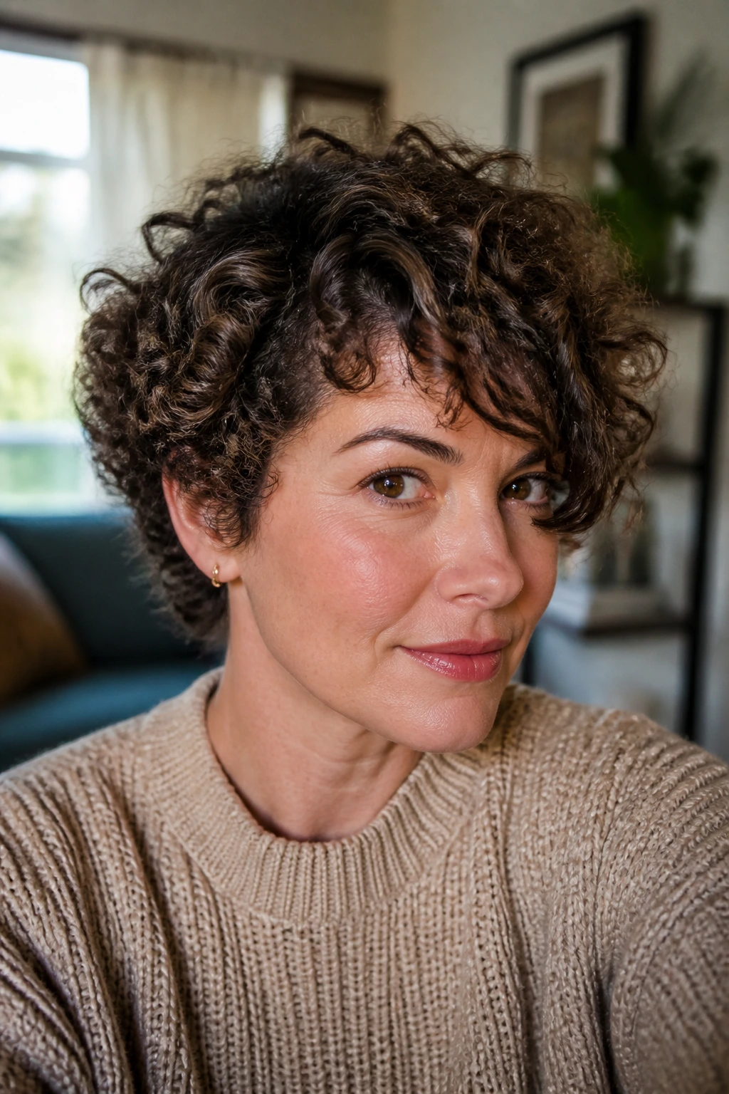 Real woman with rounded crop and off-center bangs