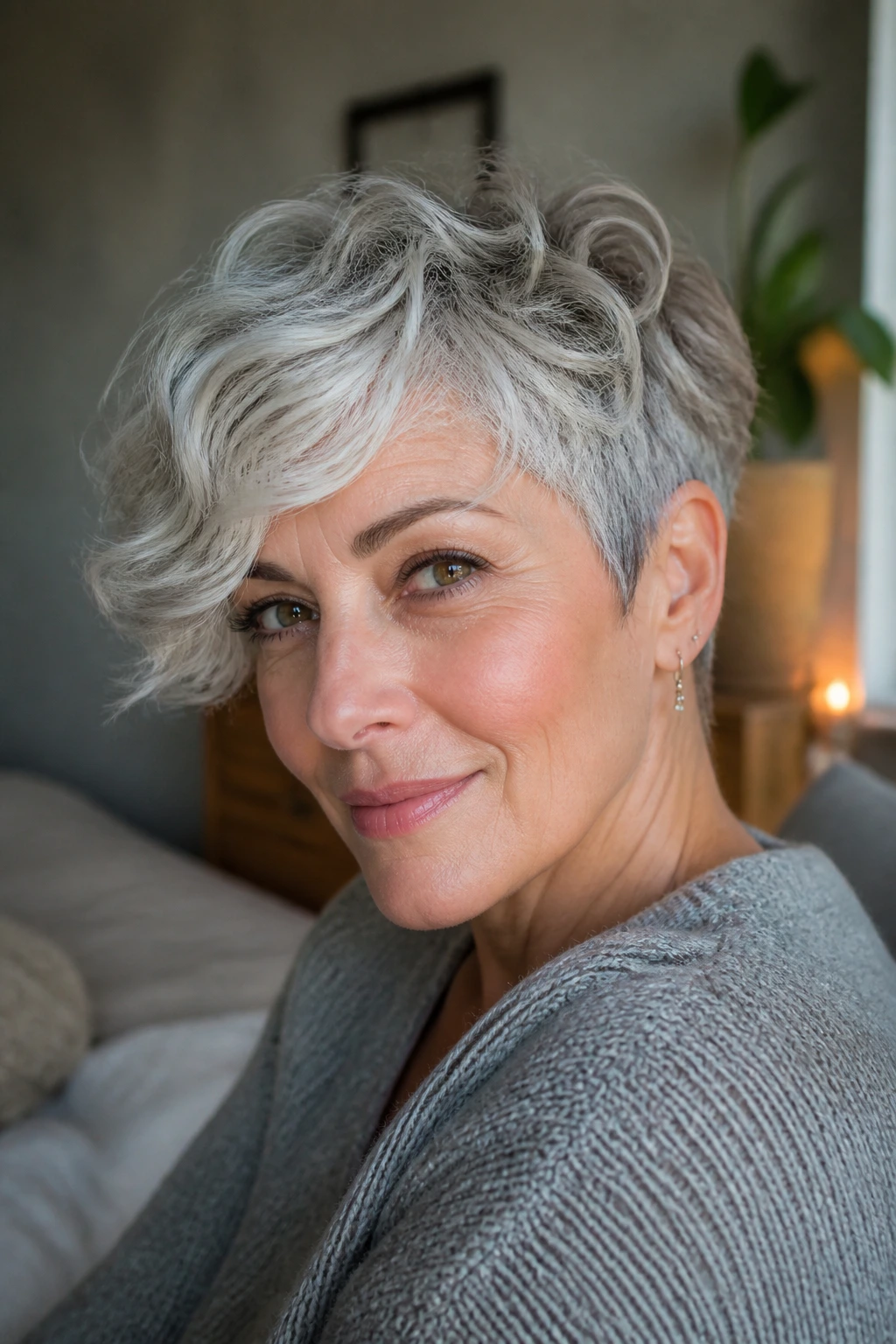 Portrait of a woman with rounded crop pixie and side sweep in a cozy window-lit room.